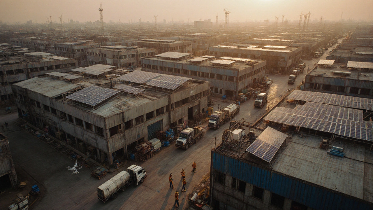 Electronics manufacturing cluster in Chennai with interconnected factories and delivery vehicles.