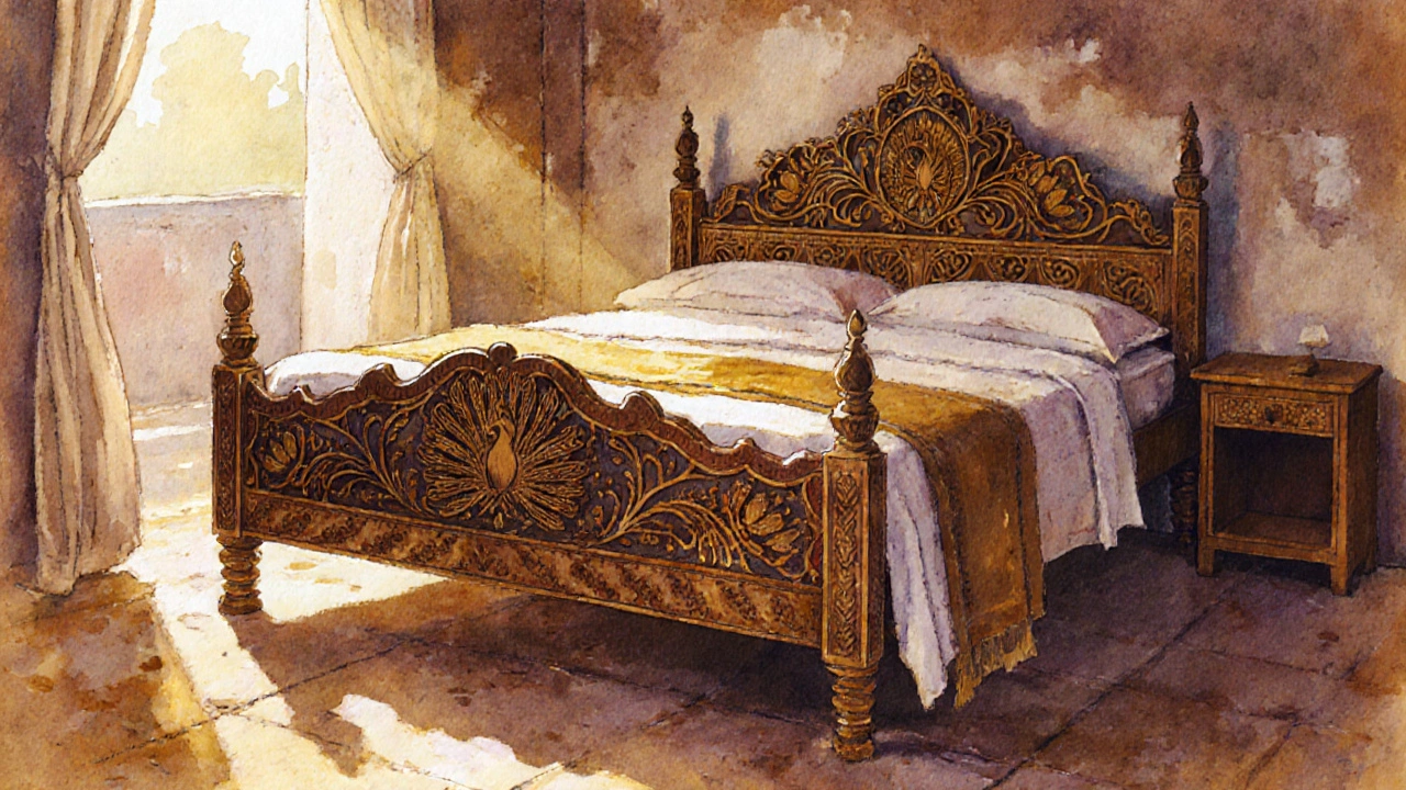 Intricately carved sheesham bed with Mughal floral motifs in a rural Indian home, natural light, no mechanical fasteners.