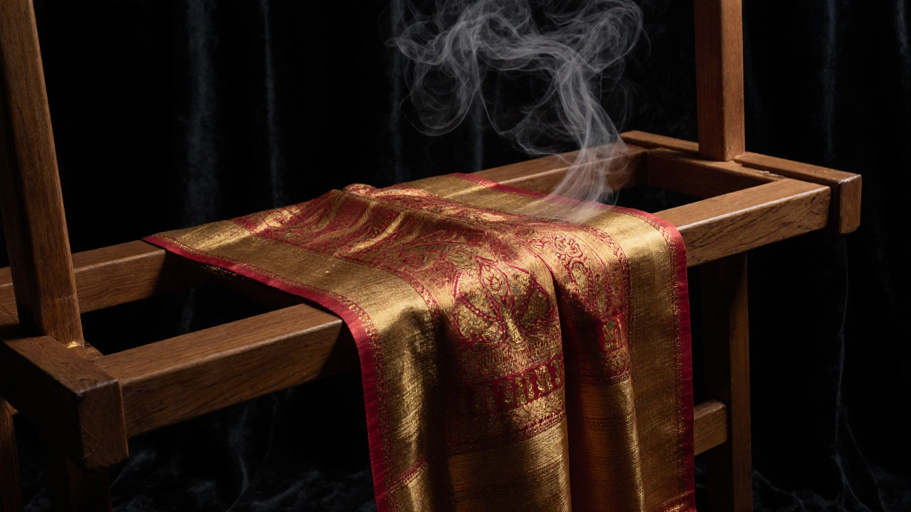 Luxurious Kanchipuram silk saree with golden zari threads on a wooden loom, showing extreme weave density.