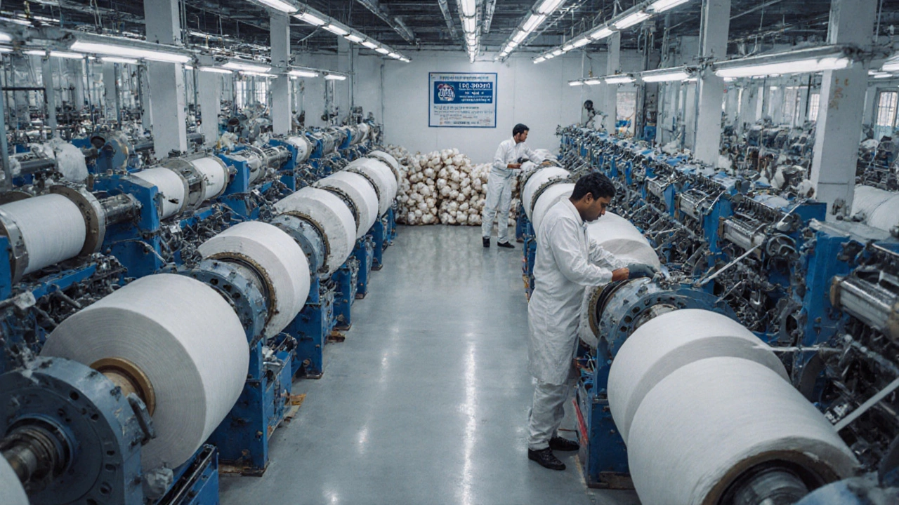 Modern textile mill in India where workers monitor advanced machinery producing high-quality cotton fabric.