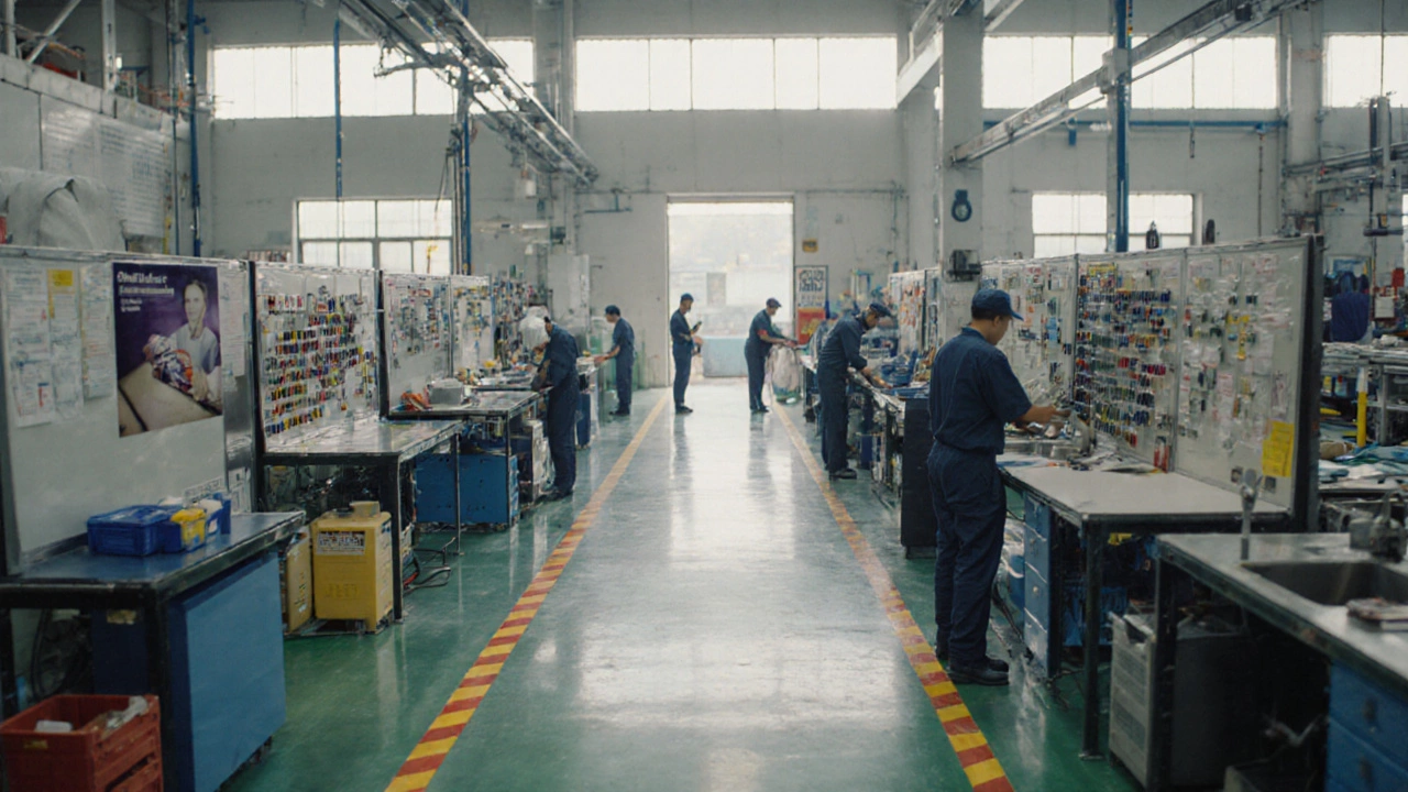 Organized production line with shadow boards, color-coded floors, and clean workstations.
