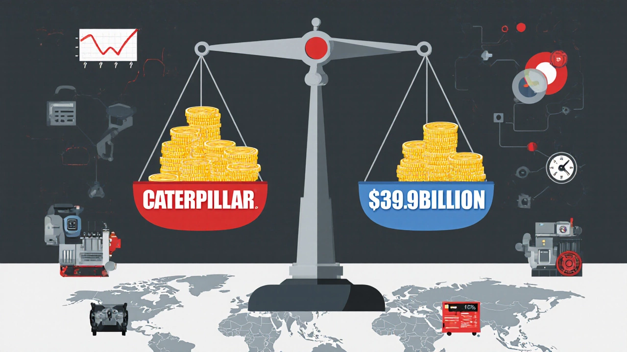 Scale balancing Caterpillar and Komatsu revenues with global network maps and industrial icons.