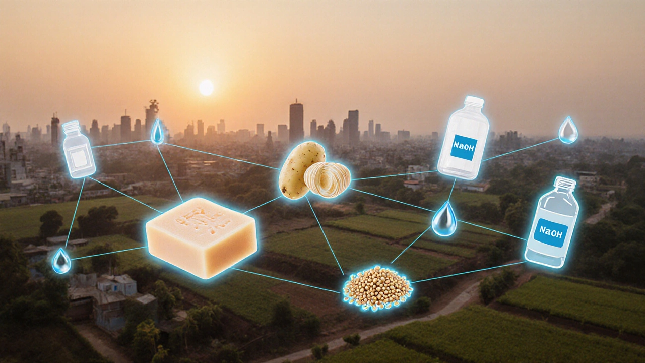 Sodium hydroxide connects everyday Indian products like soap, food, medicine, and fertilizer through invisible pathways.