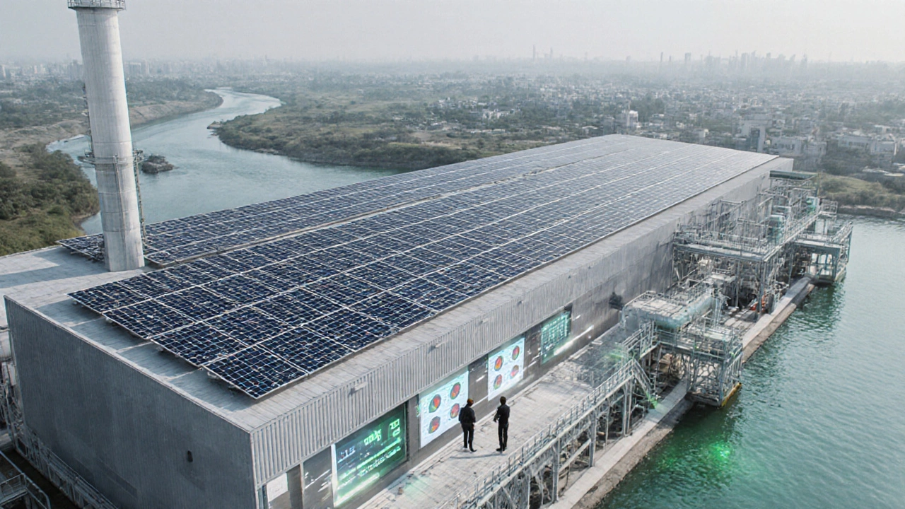 Solar-powered chemical plant in Gujarat with renewable energy panels and clean water flow nearby.