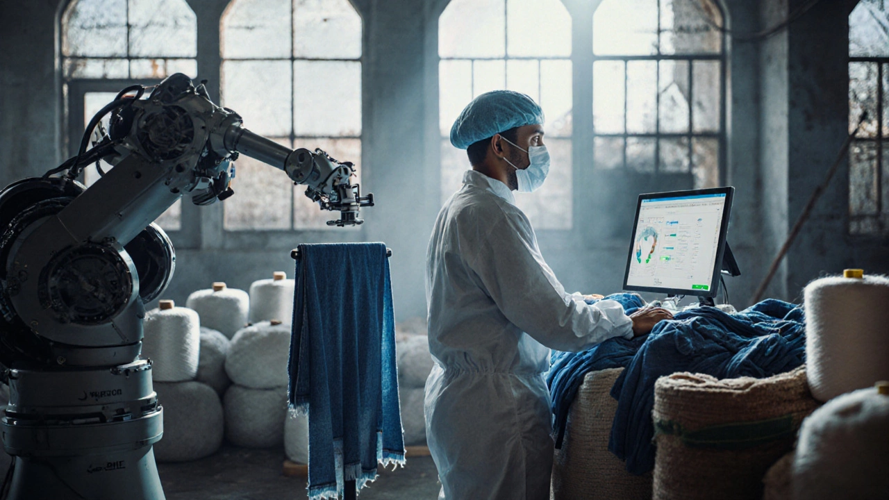 Technician monitoring AI quality control system in a modern textile workshop, robotic arms folding denim beside organic cotton spools.