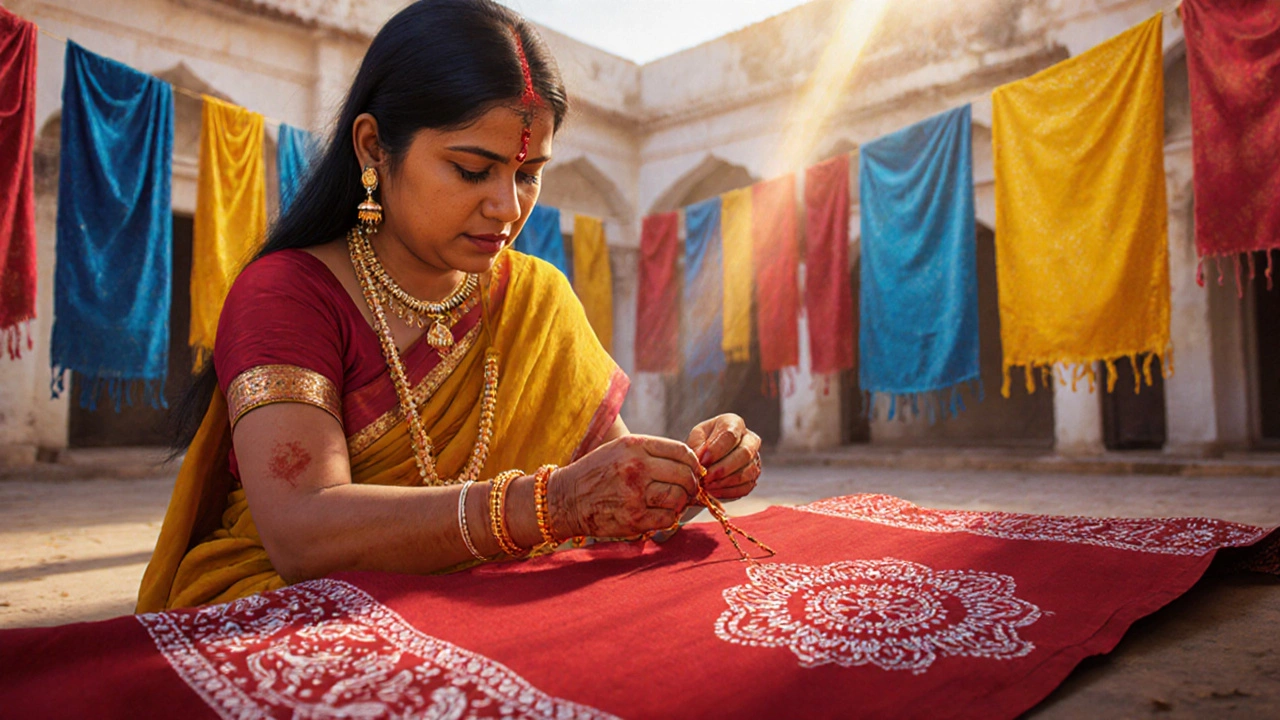 Woman tying tiny knots in cotton fabric to make traditional Bandhani patterns in Gujarat.