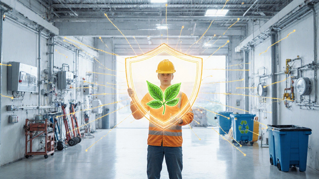Worker holding a glowing Save icon, symbolizing efficiency and safety in a clean factory.