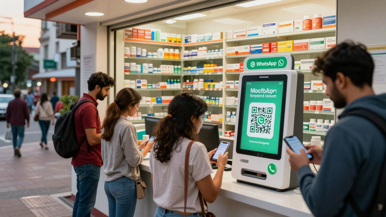 A modern pharmacy near a hospital with customers using smartphones and digital ordering kiosks.