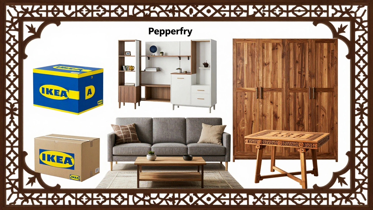 A mosaic of Indian furniture brands: IKEA, Pepperfry, Godrej, and BluWood, framed by a traditional jali screen.