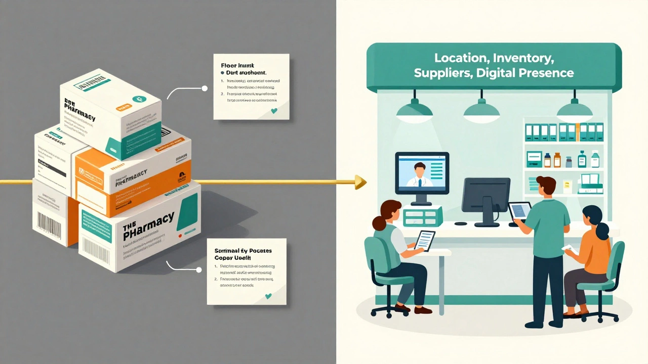 Conceptual split image showing pharmacy risks on one side and successful multi-outlet growth on the other.