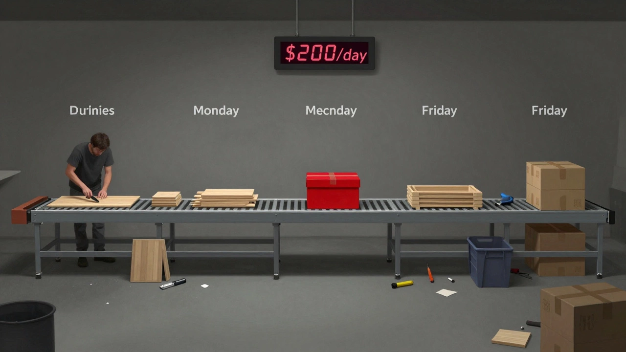 Garage production line showing daily steps to earn 0 selling handmade goods.