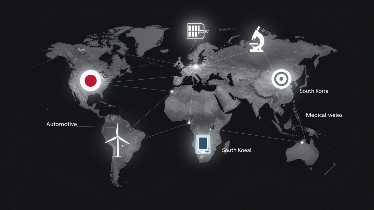 Global map with connected threads showing top steel-producing countries and their key applications.