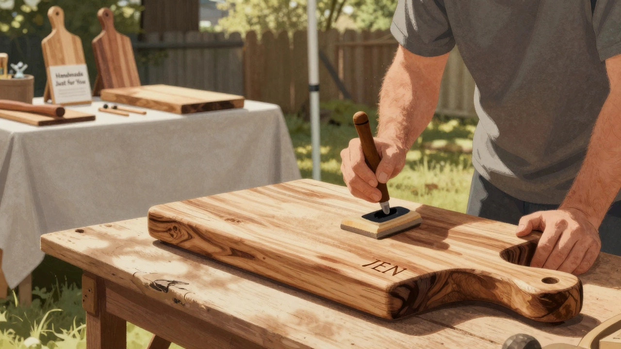 Man crafting a wooden cutting board from reclaimed wine crates in a sunlit backyard workshop.