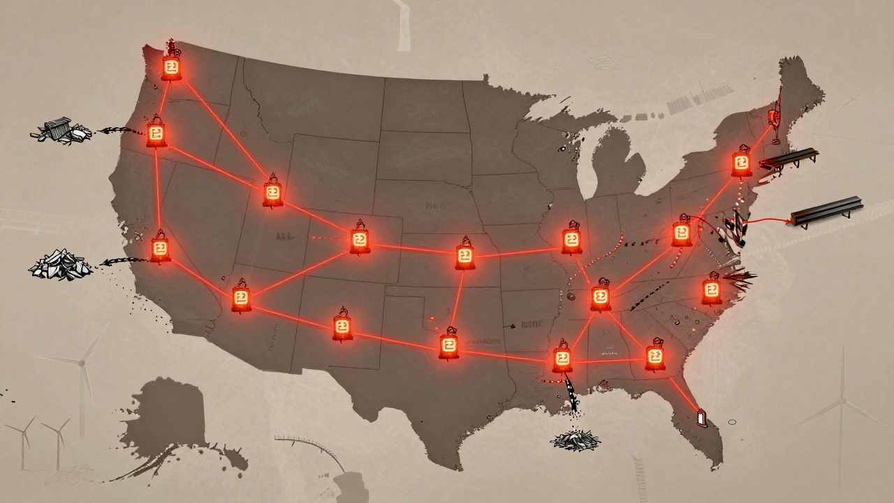 Map of the U.S. showing Nucor's 22 mills and steel supply chain from scrap to construction.