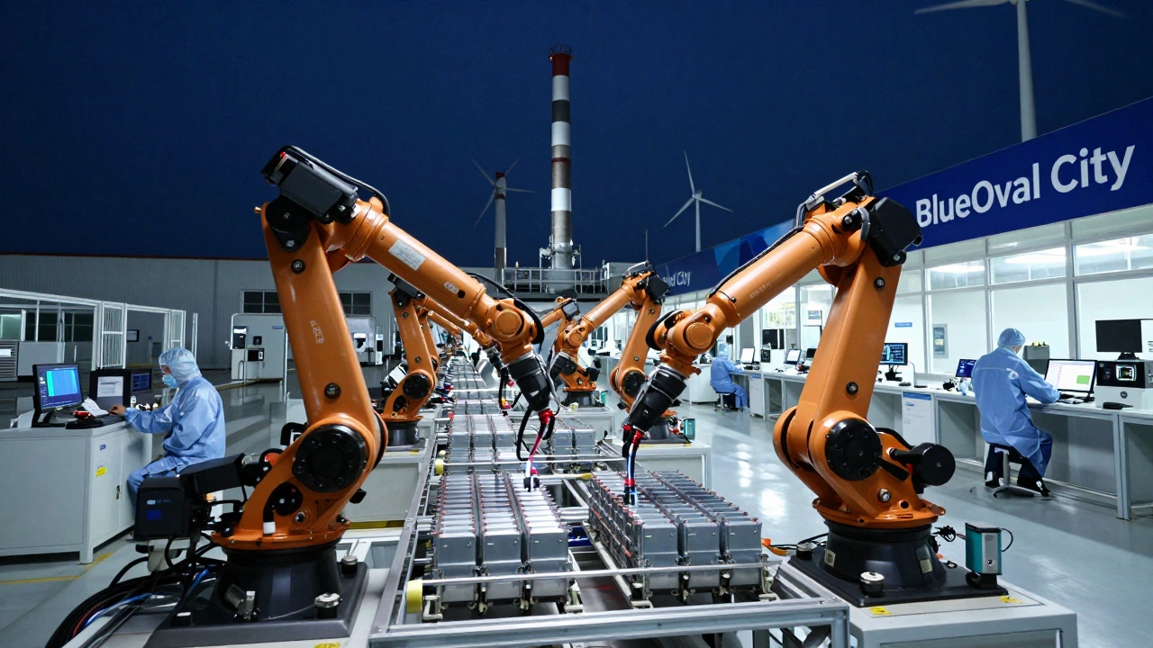 Modern battery assembly line with robotic arms and workers in a Tennessee EV factory.