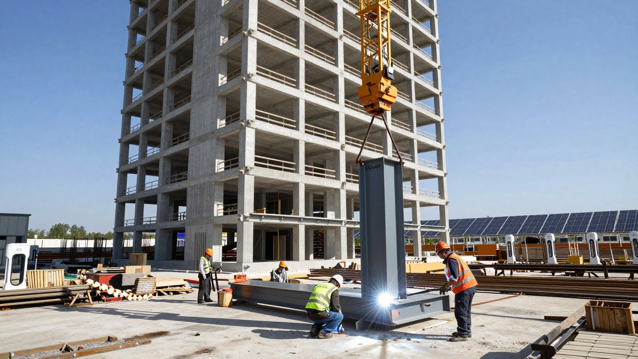 Modern building under construction with Nucor steel beams and rebar, workers welding in sunlight.