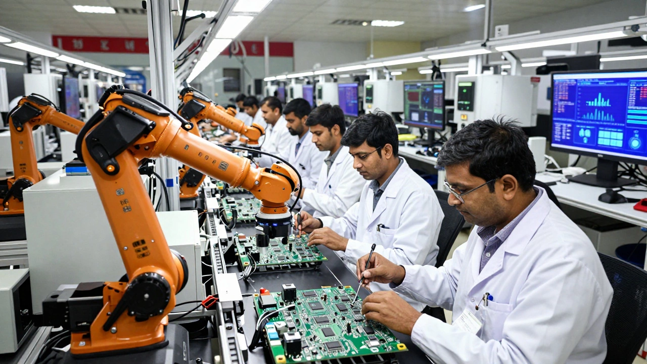 Robotic assembly line in an Indian electronics plant with engineers monitoring AI inspection systems.