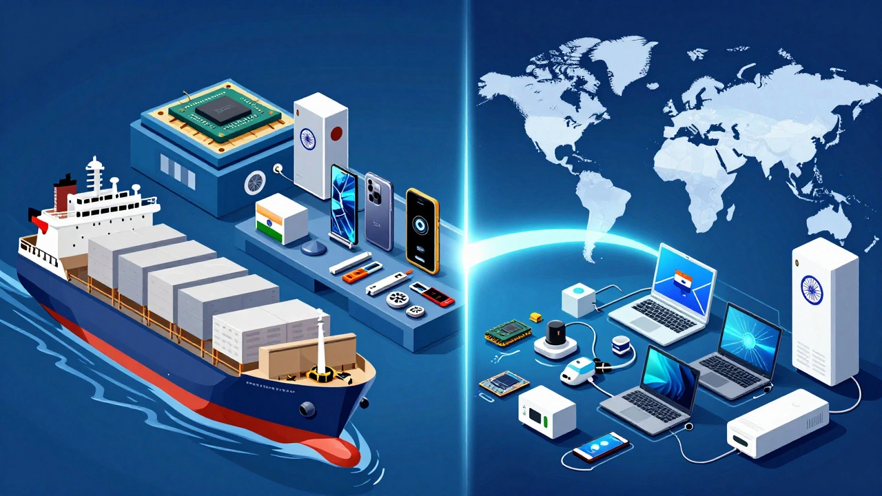 Split illustration showing imported components transformed into exported electronics in Indian factories.