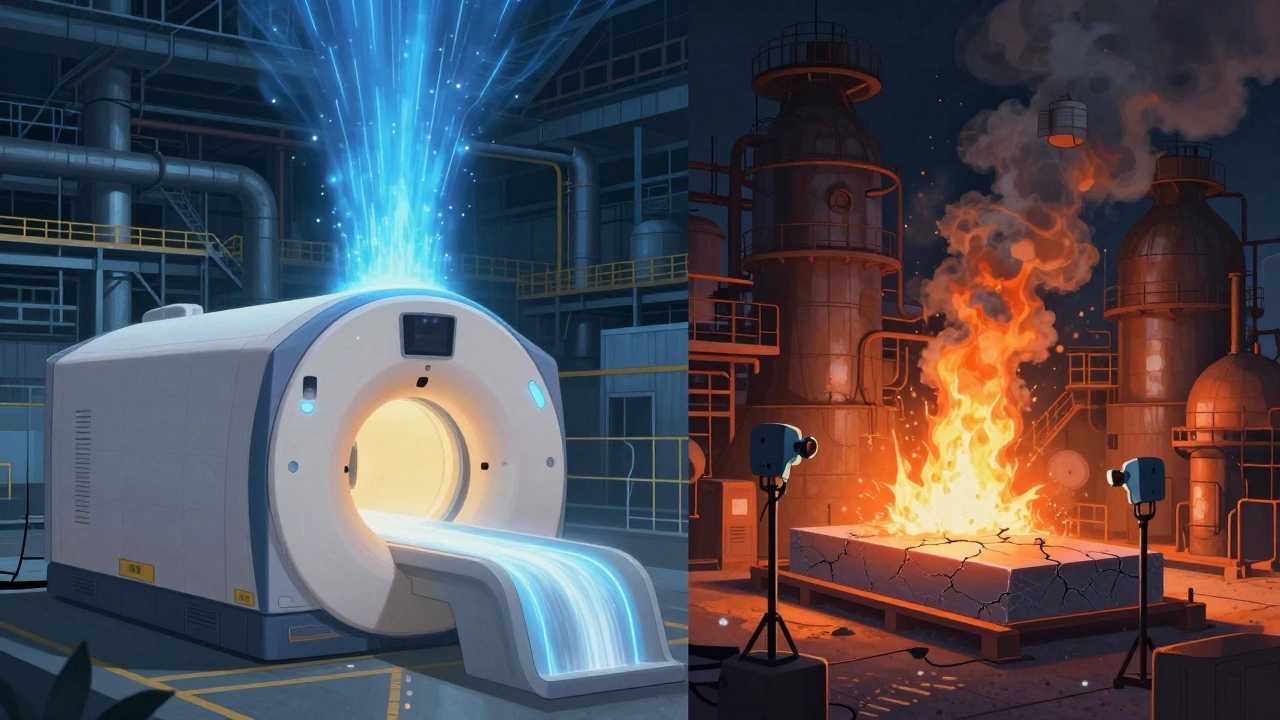 Swedish hydrogen steel plant beside Chinese blast furnace, symbolizing clean vs. traditional production.