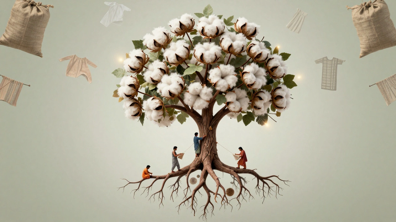 Symbolic tree with textile roots and branches representing India's diverse fabric traditions.