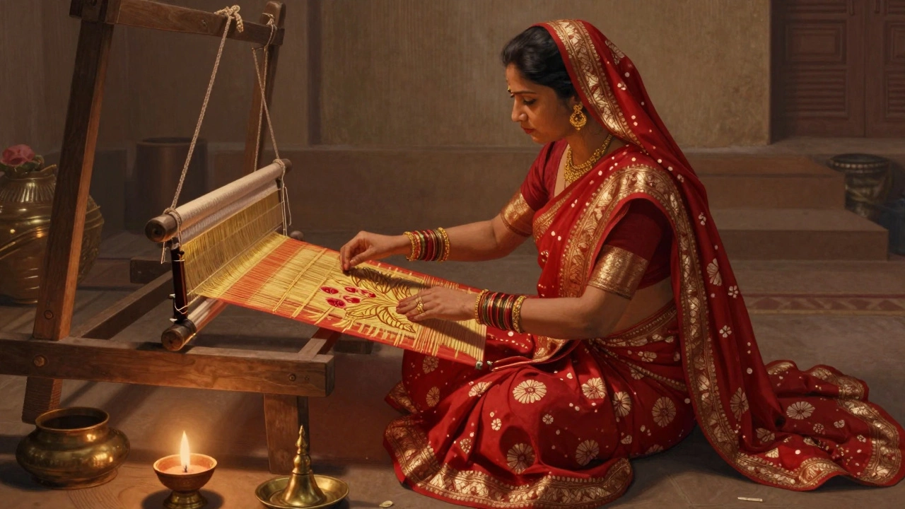 Woman weaving a golden Banarasi silk sari on a traditional wooden loom in Varanasi.
