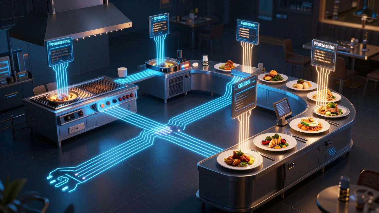 A conceptual kitchen as a computer system with glowing circuits and data streams turning orders into meals.