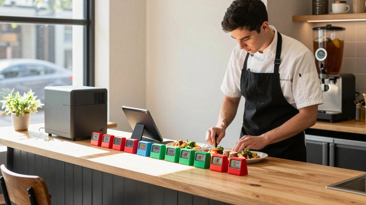 A single chef in a small café using color-coded timers and digital recipes to prepare meals efficiently.