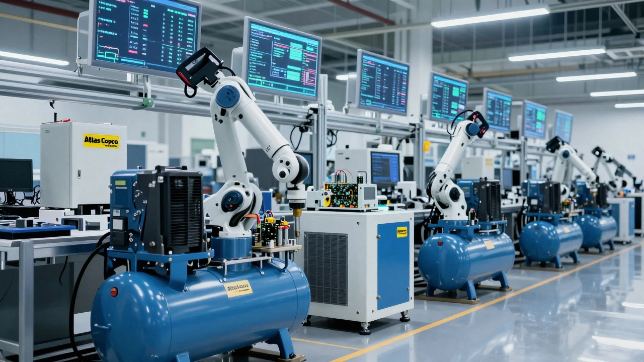 Atlas Copco robotic tools automating an electronics assembly line with data streams.
