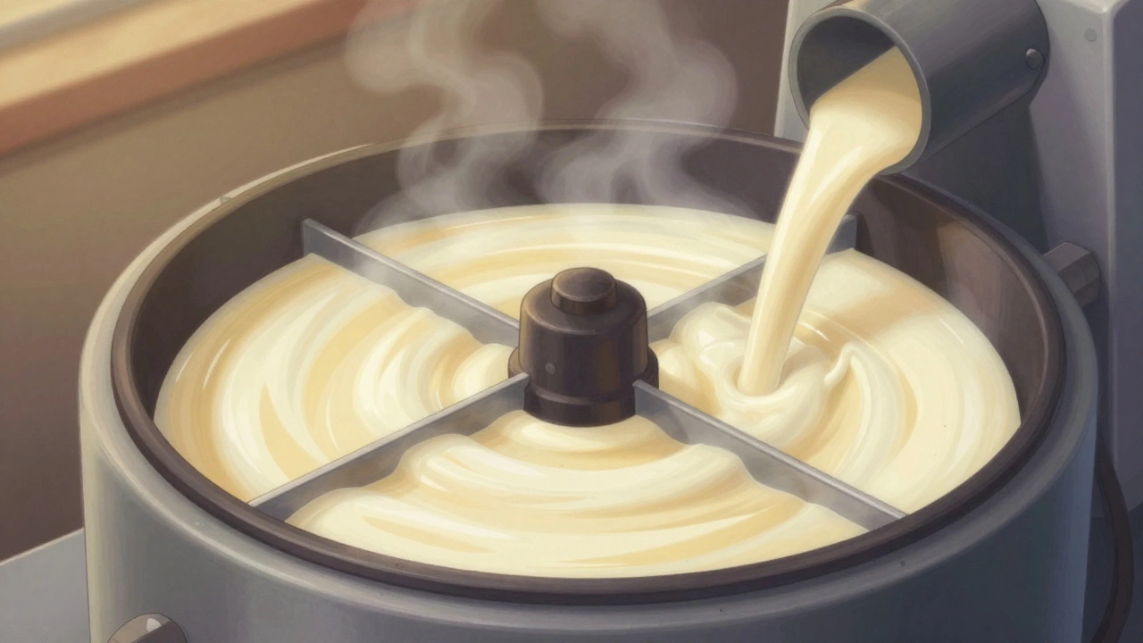 Centrifuge separating milk into cream and whey with flowing streams