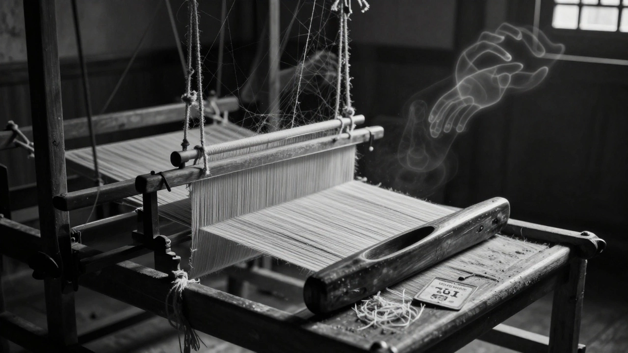 Empty handloom with faded certification tag, symbolizing the decline of traditional weaving.
