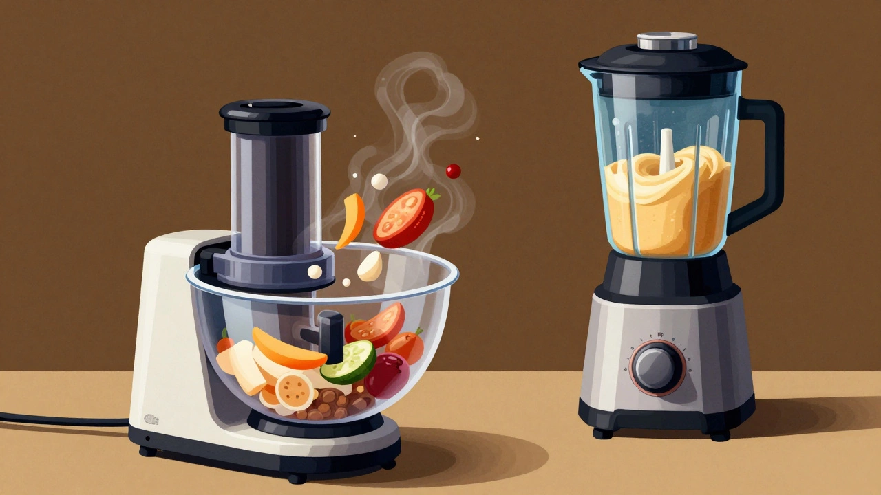 Food processor with chaotic ingredients and heat waves versus a blender creating a smooth vortex.