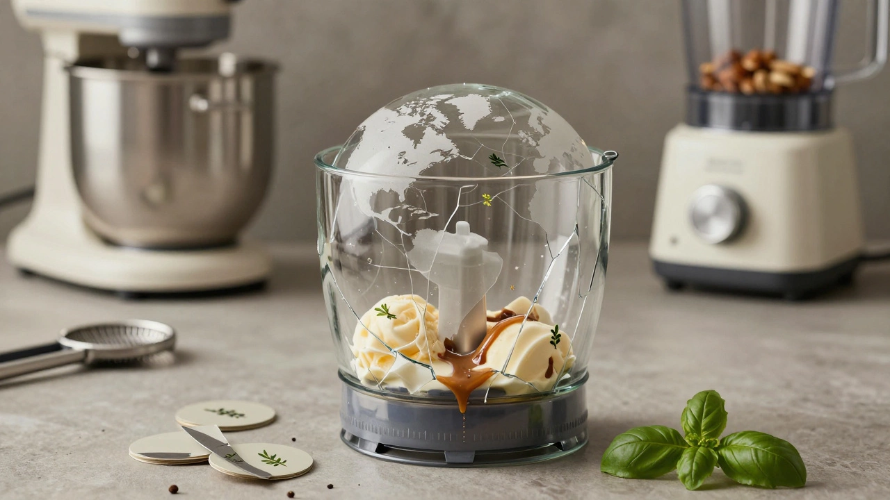 Fractured globe inside food processor showing melting ingredients, with kitchen tools in background.