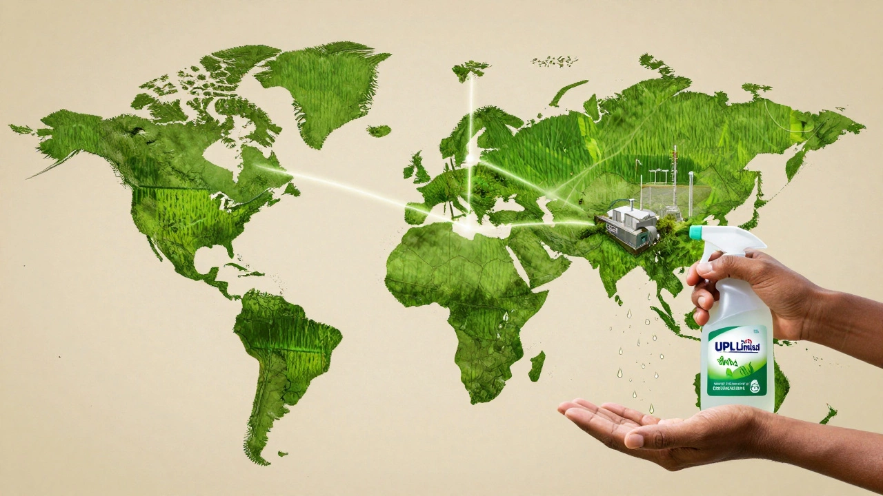 Global map showing UPL's agrochemical reach with biopesticide droplets falling over farmland and farmers.