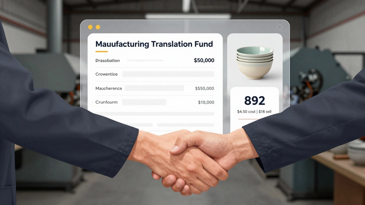 Handshake between manufacturer and machine shop owner with funding indicators in background