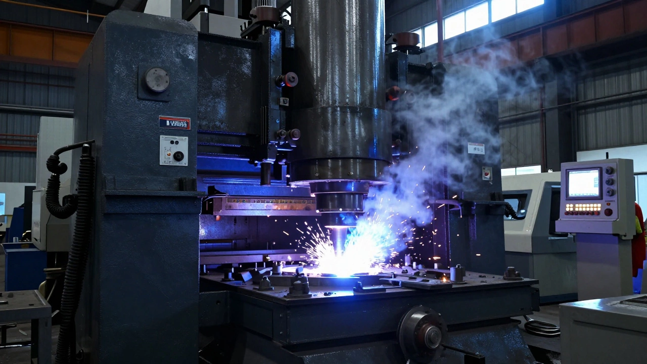 Larsen &amp; Toubro's massive hydraulic press forging molten steel in an industrial plant.