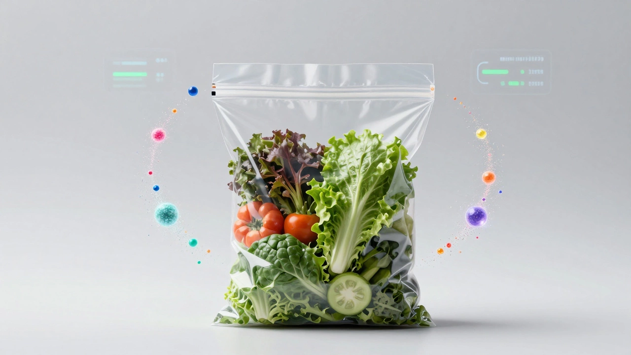Packaged salad with invisible gases preserving freshness in a controlled environment