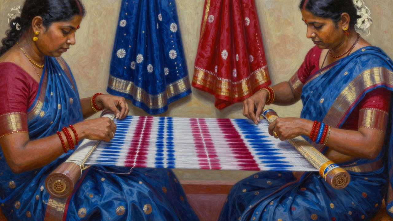 Patola silk artisans aligning dyed threads for double ikat pattern in a sunlit workshop.