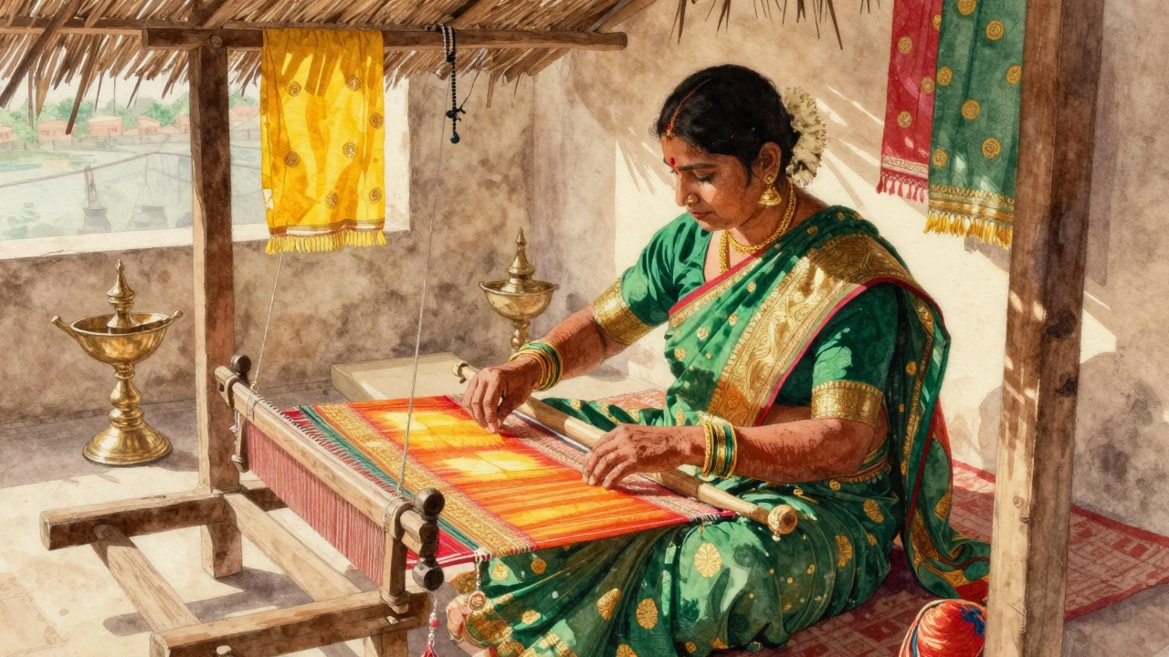 Rural weaver in Varanasi handcrafting a golden silk sari on a wooden loom.