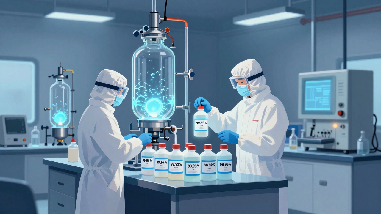Scientists in a cleanroom handling high-purity chemicals for semiconductor manufacturing at L&amp;T's Hazira facility.
