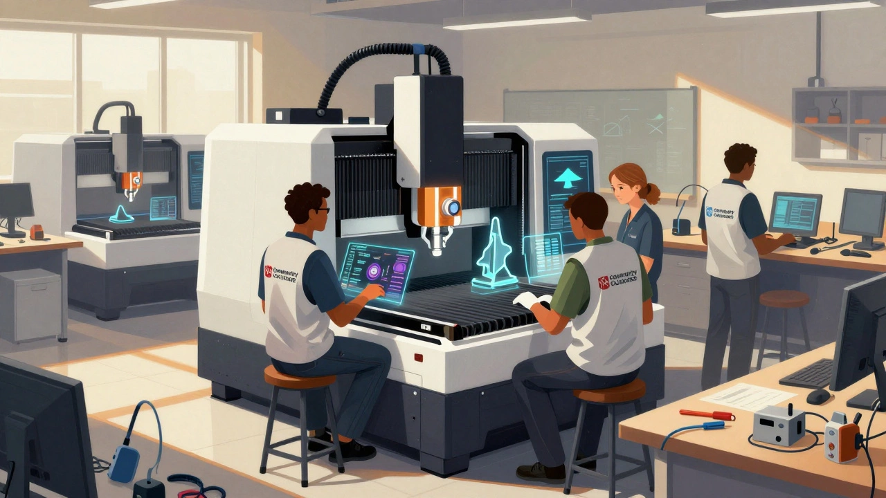 Technicians training on CNC machines with holographic displays in a workshop.