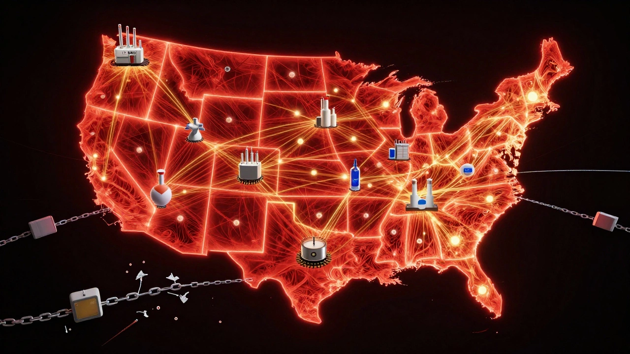 U.S. map with glowing connections between factories and critical national products.
