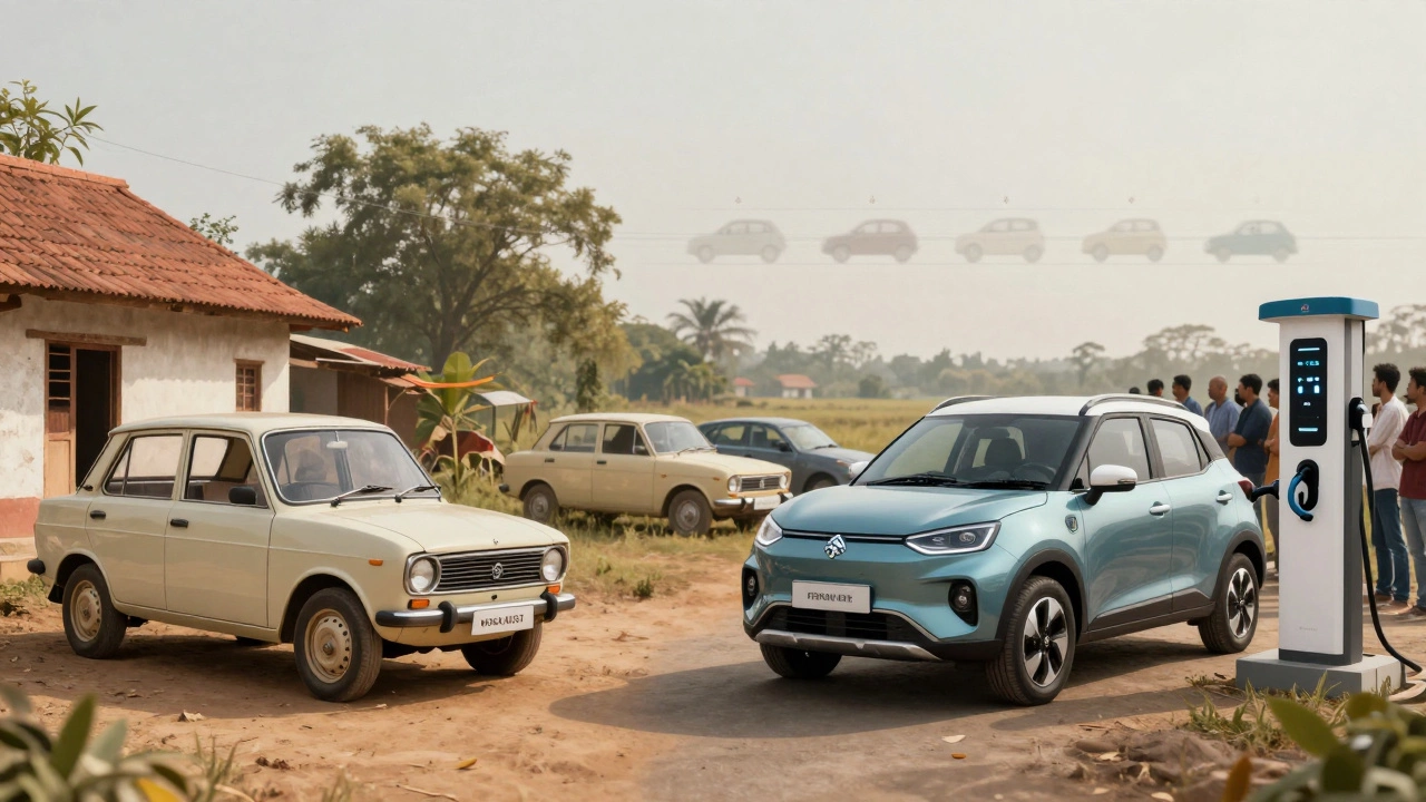 A conceptual split image showing the historic Maruti 800 and modern Fronx EV, symbolizing decades of automotive evolution in India.