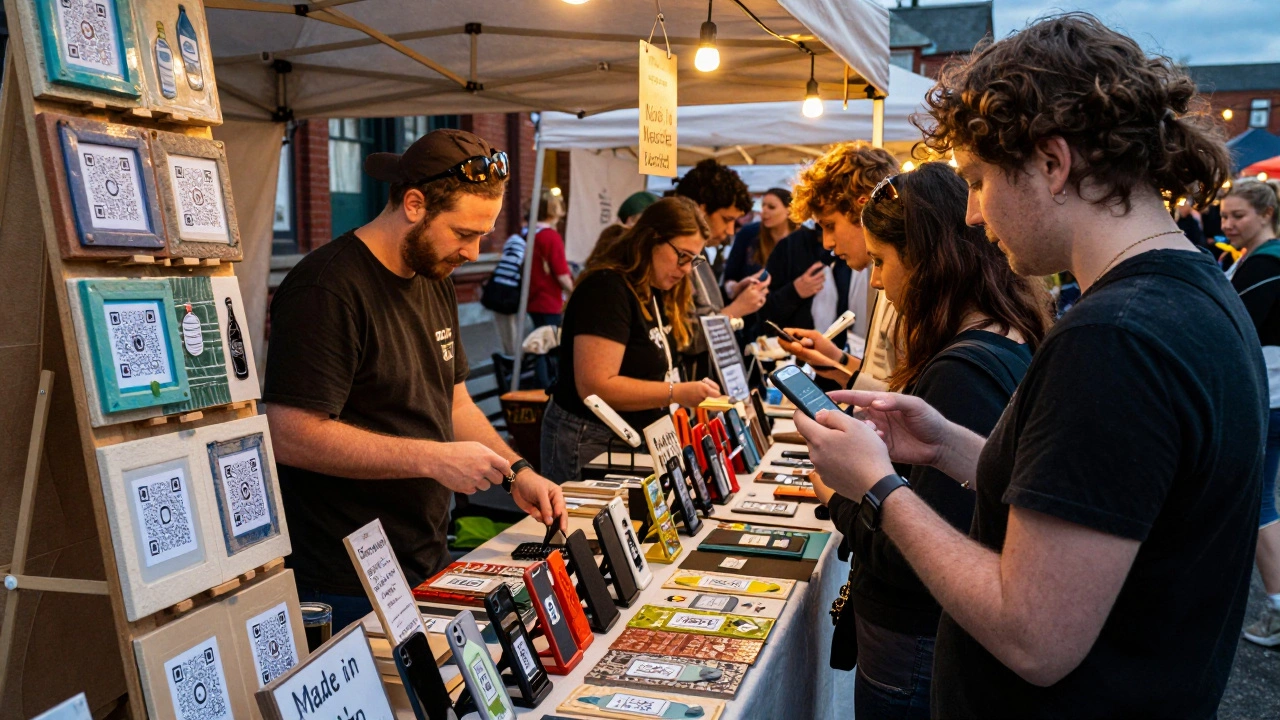 A craft market stall featuring recycled plastic tiles and custom metal signs under string lights.