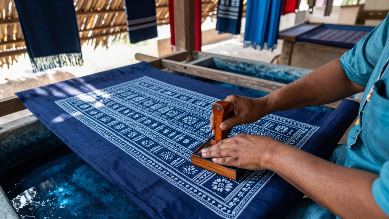 Artisans hand-block printing cotton fabric with wooden stamps and indigo dyes in Rajasthan.