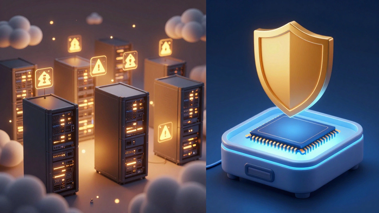 Conceptual split image: chaotic cloud server vs stable ROM chip, symbolizing safety in food processing.