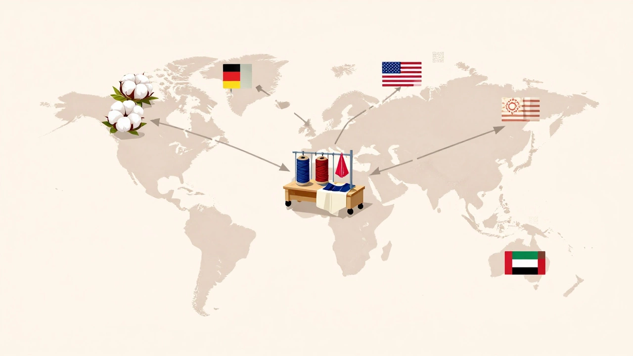 Global textile supply chain connecting Indian textile unit to international buyers with sustainable fabric icons.