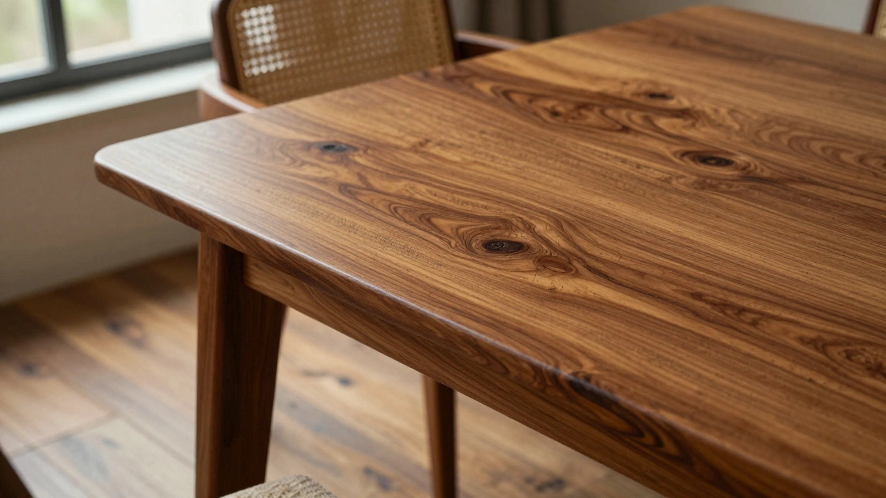 Handmade sheesham dining set showing natural wood grain and tool marks, with a cane chair beside it.