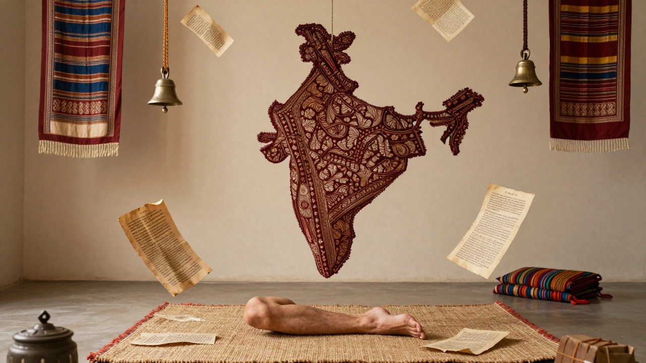 Handwoven sari floating above cross-legged feet on a jute mat, symbolizing cultural and textile heritage.