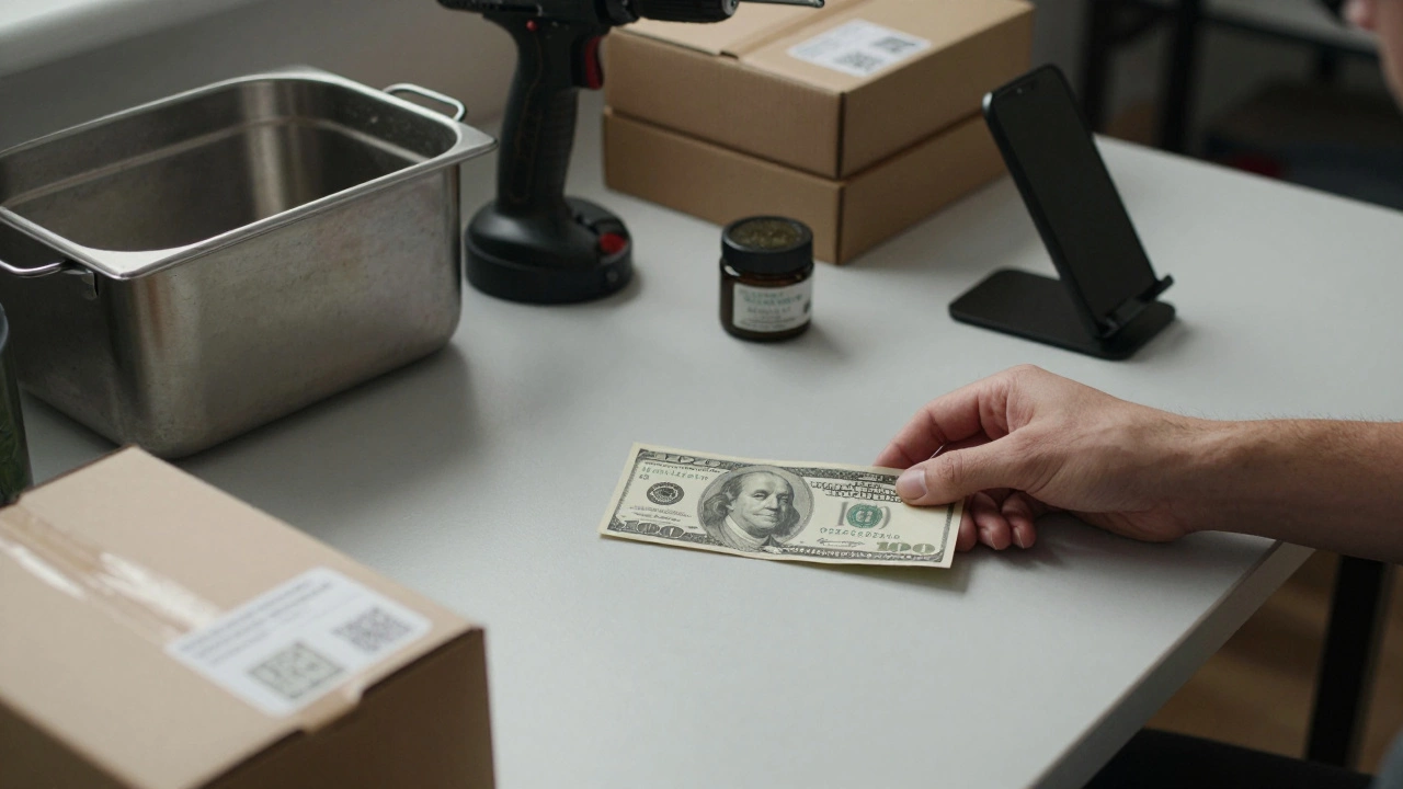 Minimalist startup setup with basic tools and a single product, showing how little money is needed to begin.