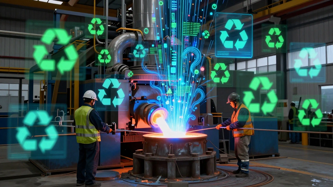 Sustainable steel production with electric arc furnace and AI data streams.